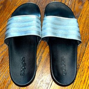Never worn adidas slides. They are silver glitter on the strap.